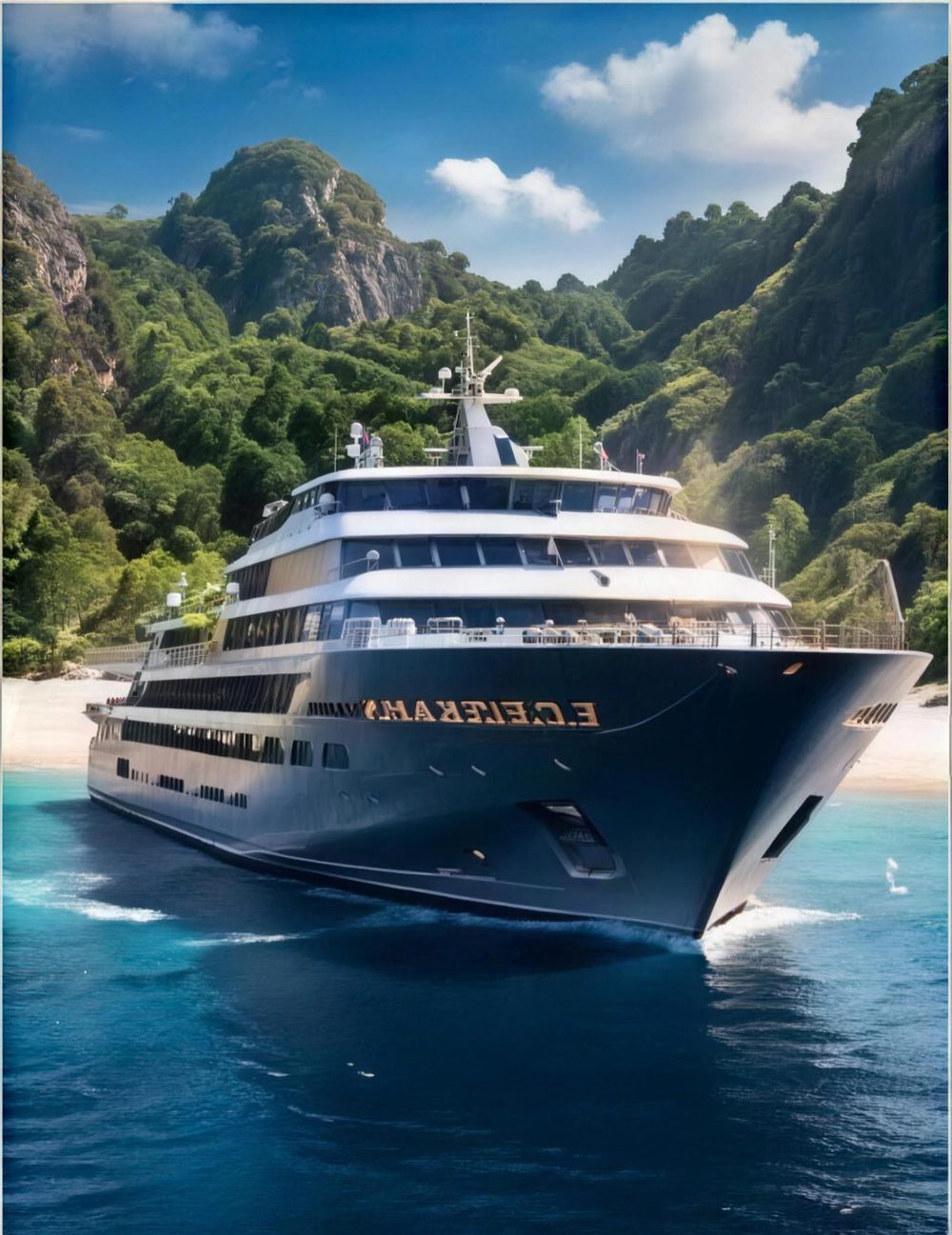 The Serenity anchored off a tropical island